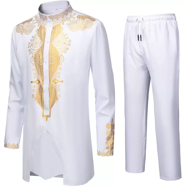 YND Mens 2 Piece Set African Dashiki Outfit and Pants Shirt with Gold PrintWhite With Gold