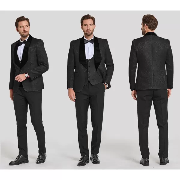 YND Mens 3 Piece Slim Fit Tuxedo Set Solid Shawl Collar Jacquard Jacket Vest Pants with Bow TieBlack