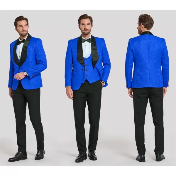 YND Mens 3 Piece Slim Fit Tuxedo Set Solid Shawl Collar Jacquard Jacket Vest Pants with Bow TieBlue