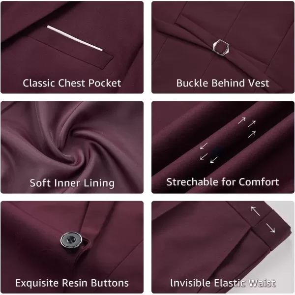 YND Mens 3 Piece Slim Fit Tuxedo Set Solid Shawl Collar Jacquard Jacket Vest Pants with Bow TieBurgundy Stretch Fabric