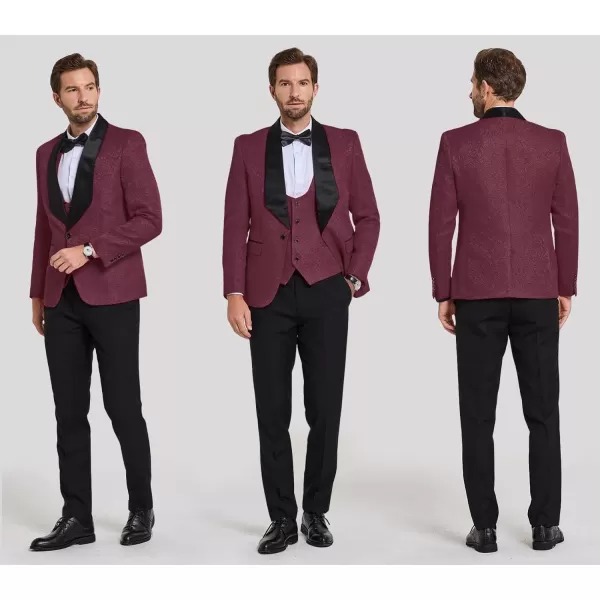 YND Mens 3 Piece Slim Fit Tuxedo Set Solid Shawl Collar Jacquard Jacket Vest Pants with Bow TieDeep Burgundy