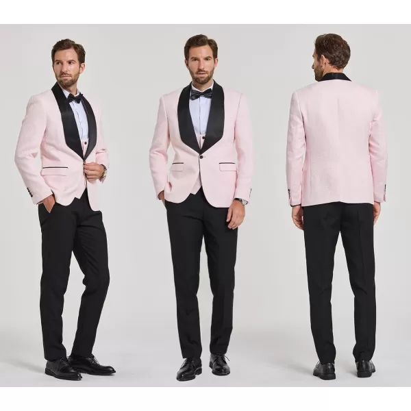 YND Mens 3 Piece Slim Fit Tuxedo Set Solid Shawl Collar Jacquard Jacket Vest Pants with Bow TieLight Pink