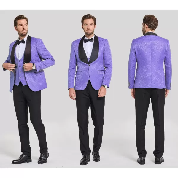 YND Mens 3 Piece Slim Fit Tuxedo Set Solid Shawl Collar Jacquard Jacket Vest Pants with Bow TieLight Purple