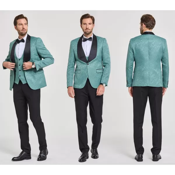 YND Mens 3 Piece Slim Fit Tuxedo Set Solid Shawl Collar Jacquard Jacket Vest Pants with Bow TiePea Green