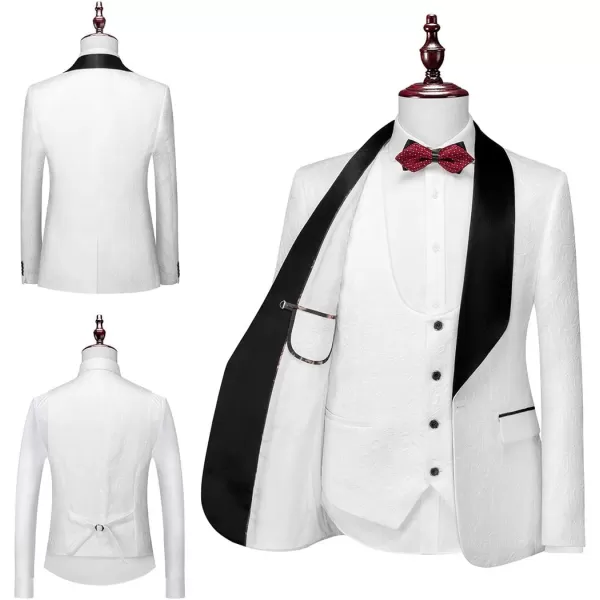 YND Mens 3 Piece Slim Fit Tuxedo Set Solid Shawl Collar Jacquard Jacket Vest Pants with Bow TiePink