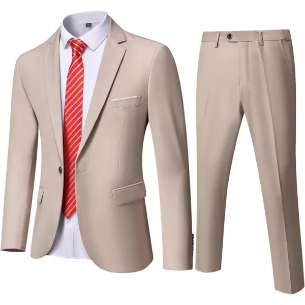 YND Mens Slim Fit 2 Piece Suit One Button Solid Jacket Pants Set with TieBeige