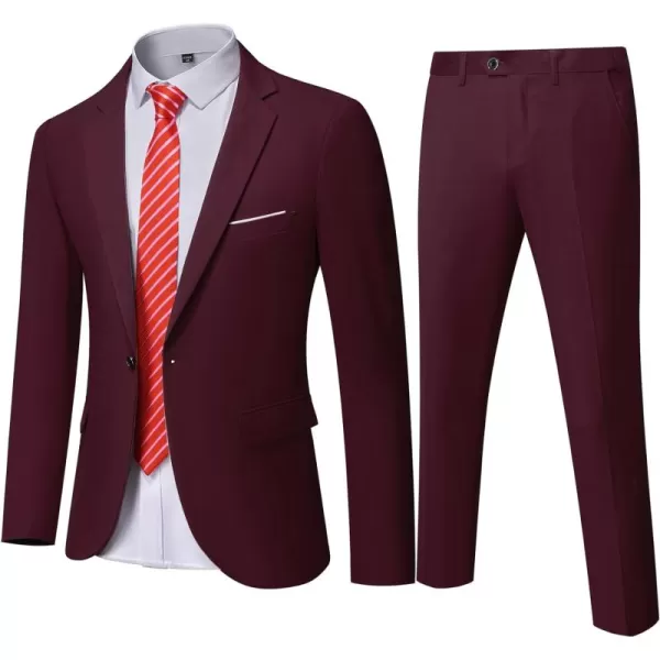 YND Mens Slim Fit 2 Piece Suit One Button Solid Jacket Pants Set with TieBurgundy