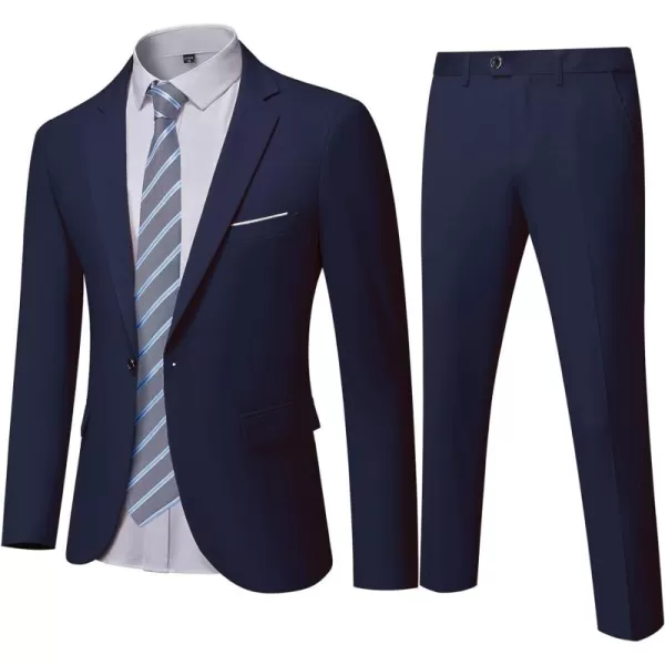 YND Mens Slim Fit 2 Piece Suit One Button Solid Jacket Pants Set with TieDeep Blue