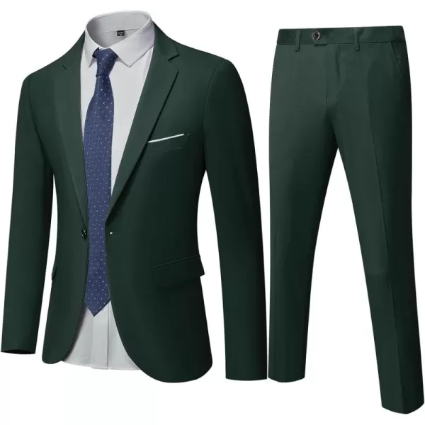 YND Mens Slim Fit 2 Piece Suit One Button Solid Jacket Pants Set with TieDeep Green