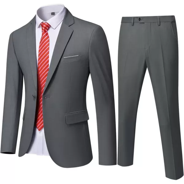 YND Mens Slim Fit 2 Piece Suit One Button Solid Jacket Pants Set with TieDeep Grey