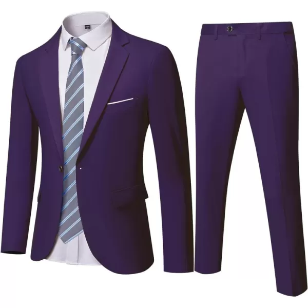 YND Mens Slim Fit 2 Piece Suit One Button Solid Jacket Pants Set with TieDeep Purple
