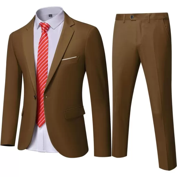 YND Mens Slim Fit 2 Piece Suit One Button Solid Jacket Pants Set with TieKhaki