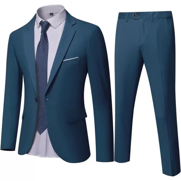 YND Mens Slim Fit 2 Piece Suit One Button Solid Jacket Pants Set with TieLight Blue