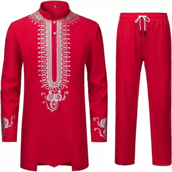 YND Mens 2 Piece African Dashiki Shirt and Pants Set Outfit with Gold PrintRed With Silver