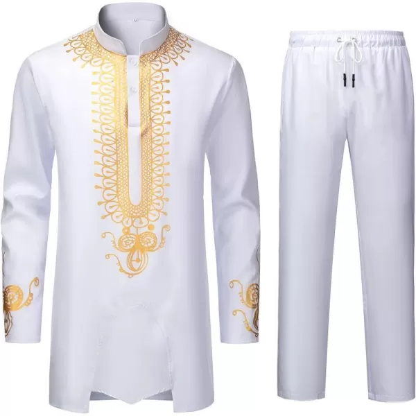 YND Mens 2 Piece African Dashiki Shirt and Pants Set Outfit with Gold PrintWhite With Gold