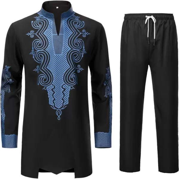 YND Mens 2 Piece Dashiki Set African Outfit and Pants Shirt with Gold PrintBlack With Blue