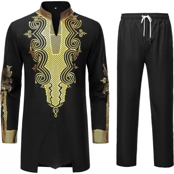 YND Mens 2 Piece Dashiki Set African Outfit and Pants Shirt with Gold PrintBlack With Gold