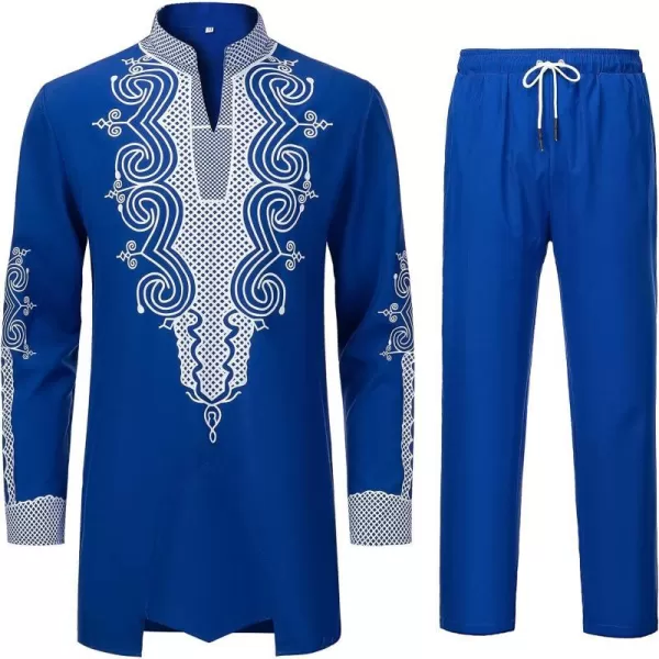 YND Mens 2 Piece Dashiki Set African Outfit and Pants Shirt with Gold PrintBlue With White