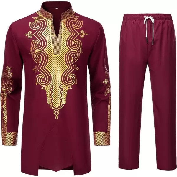 YND Mens 2 Piece Dashiki Set African Outfit and Pants Shirt with Gold PrintBurgundy With Gold