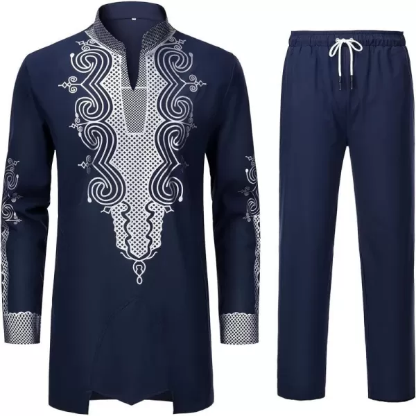 YND Mens 2 Piece Dashiki Set African Outfit and Pants Shirt with Gold PrintNavy With Silver