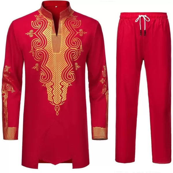 YND Mens 2 Piece Dashiki Set African Outfit and Pants Shirt with Gold PrintRed With Gold