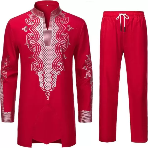 YND Mens 2 Piece Dashiki Set African Outfit and Pants Shirt with Gold PrintRed With Silver