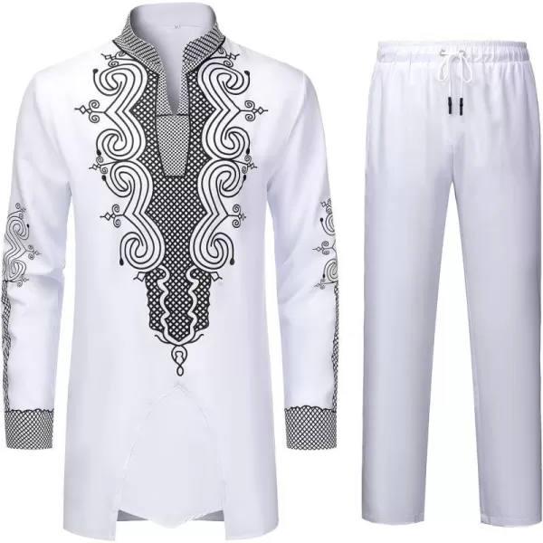 YND Mens 2 Piece Dashiki Set African Outfit and Pants Shirt with Gold PrintWhite With Black