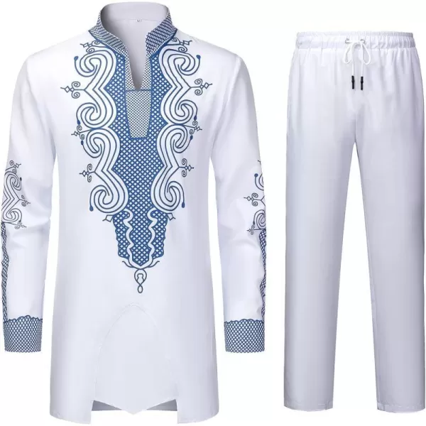 YND Mens 2 Piece Dashiki Set African Outfit and Pants Shirt with Gold PrintWhite With Blue