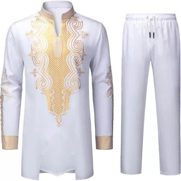 YND Mens 2 Piece Dashiki Set African Outfit and Pants Shirt with Gold PrintWhite With Gold