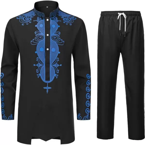 YND Mens 2 Piece Dashiki Set African Shirt and Pants Outfit with Gold PrintBlack With Blue