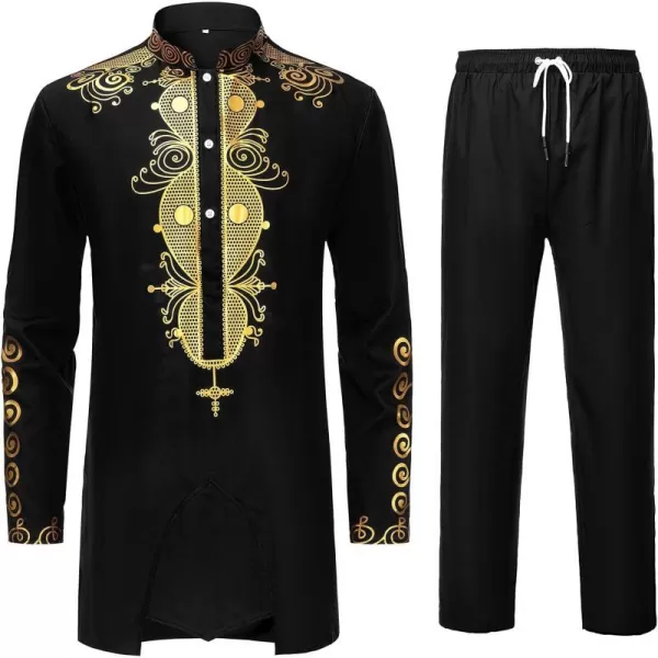 YND Mens 2 Piece Dashiki Set African Shirt and Pants Outfit with Gold PrintBlack With Gold