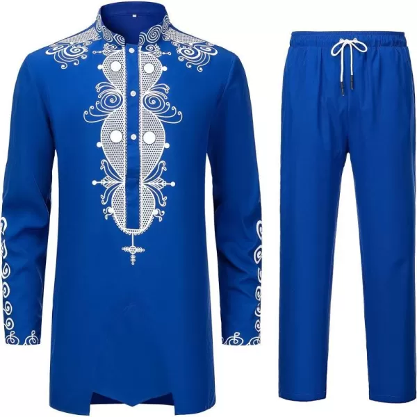 YND Mens 2 Piece Dashiki Set African Shirt and Pants Outfit with Gold PrintBlue With White