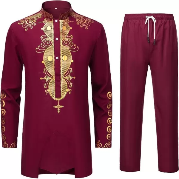 YND Mens 2 Piece Dashiki Set African Shirt and Pants Outfit with Gold PrintBurgundy With Gold