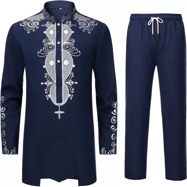 YND Mens 2 Piece Dashiki Set African Shirt and Pants Outfit with Gold PrintNavy With Silver