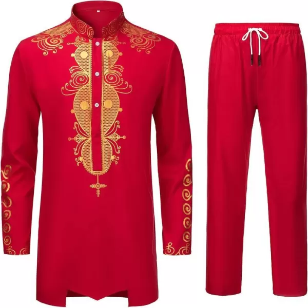 YND Mens 2 Piece Dashiki Set African Shirt and Pants Outfit with Gold PrintRed With Gold