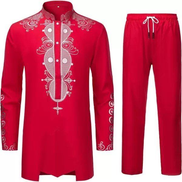 YND Mens 2 Piece Dashiki Set African Shirt and Pants Outfit with Gold PrintRed With Silver