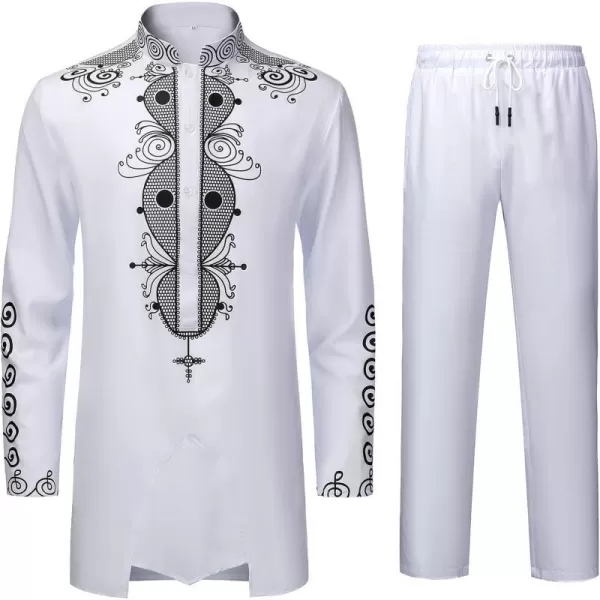 YND Mens 2 Piece Dashiki Set African Shirt and Pants Outfit with Gold PrintWhite With Black