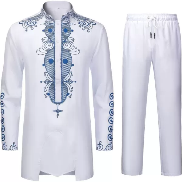 YND Mens 2 Piece Dashiki Set African Shirt and Pants Outfit with Gold PrintWhite With Blue