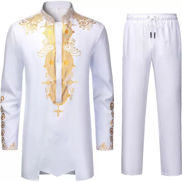 YND Mens 2 Piece Dashiki Set African Shirt and Pants Outfit with Gold PrintWhite With Gold