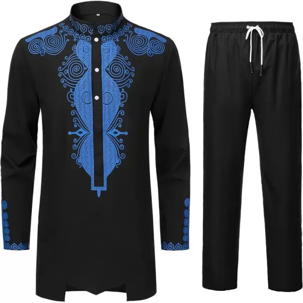 YND Mens 2 Piece Set African Dashiki Outfit and Pants Shirt with Gold PrintBlack With Blue