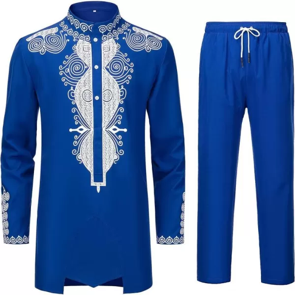 YND Mens 2 Piece Set African Dashiki Outfit and Pants Shirt with Gold PrintBlue With White