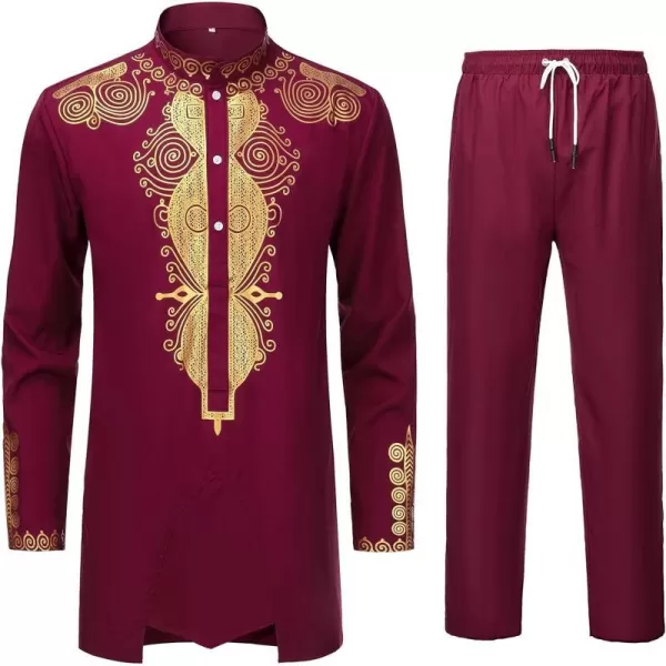 YND Mens 2 Piece Set African Dashiki Outfit and Pants Shirt with Gold PrintBurgundy With Gold