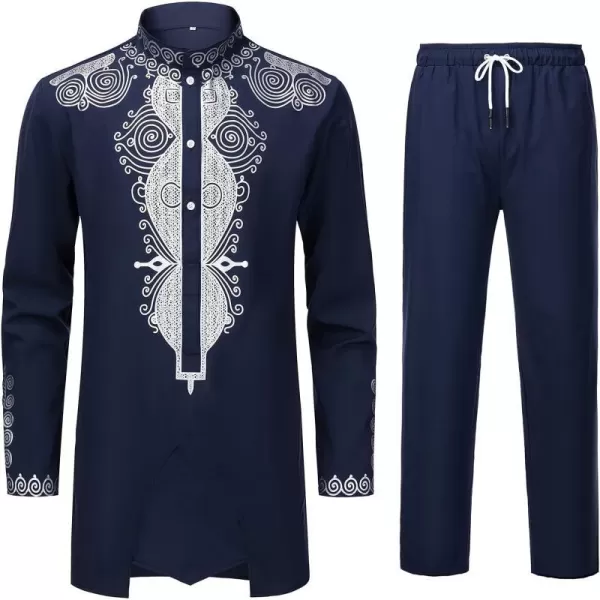 YND Mens 2 Piece Set African Dashiki Outfit and Pants Shirt with Gold PrintNavy With Silver