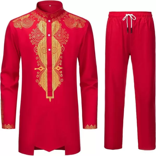 YND Mens 2 Piece Set African Dashiki Outfit and Pants Shirt with Gold PrintRed With Gold