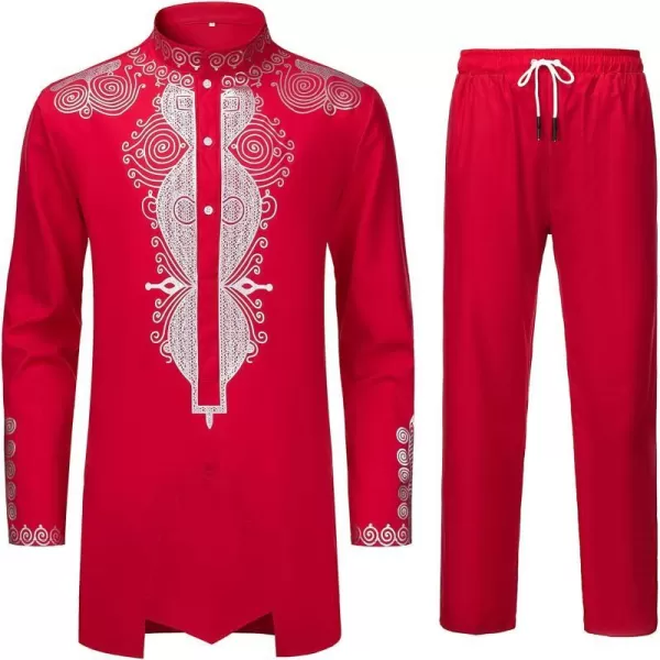 YND Mens 2 Piece Set African Dashiki Outfit and Pants Shirt with Gold PrintRed With Silver