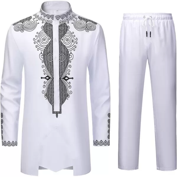 YND Mens 2 Piece Set African Dashiki Outfit and Pants Shirt with Gold PrintWhite With Black