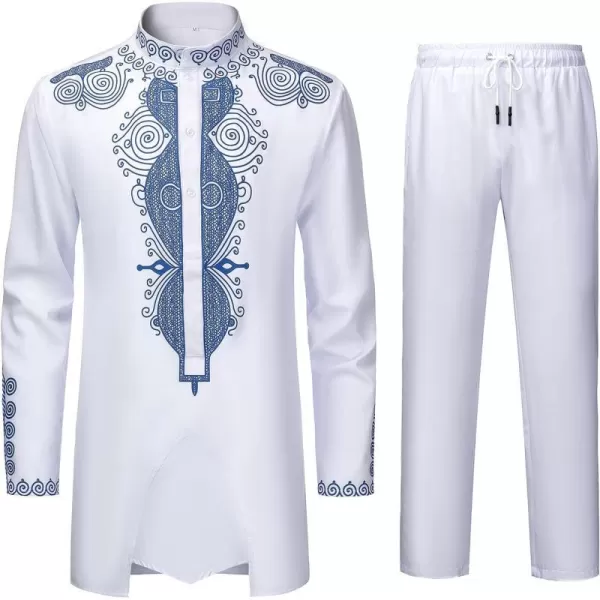 YND Mens 2 Piece Set African Dashiki Outfit and Pants Shirt with Gold PrintWhite With Blue