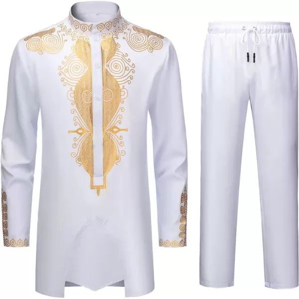 YND Mens 2 Piece Set African Dashiki Outfit and Pants Shirt with Gold PrintWhite With Gold