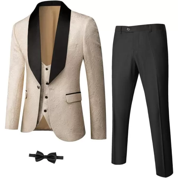 YND Mens 3 Piece Slim Fit Tuxedo Set Solid Shawl Collar Jacquard Jacket Vest Pants with Bow TieBeige