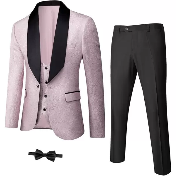 YND Mens 3 Piece Slim Fit Tuxedo Set Solid Shawl Collar Jacquard Jacket Vest Pants with Bow TieLight Pink